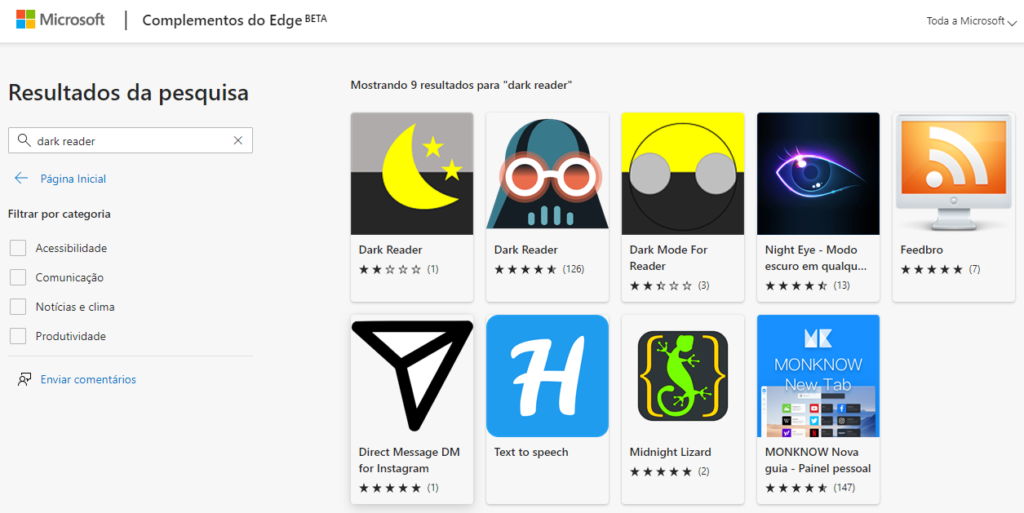 Loja Extensão Edge - Dark Reader